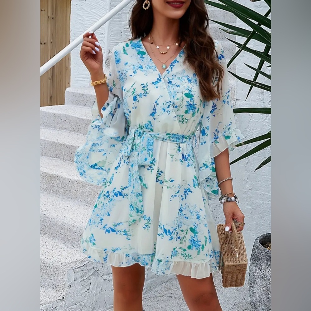 Floral V-Neck Belted Summer Dress